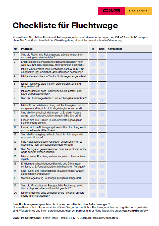 Checkliste Flucht- und Rettungswege-CWS Fire Safety